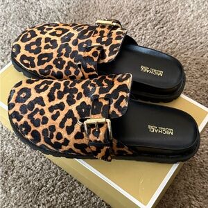 Michael Kors Leopard Print Mules with Gold Buckle